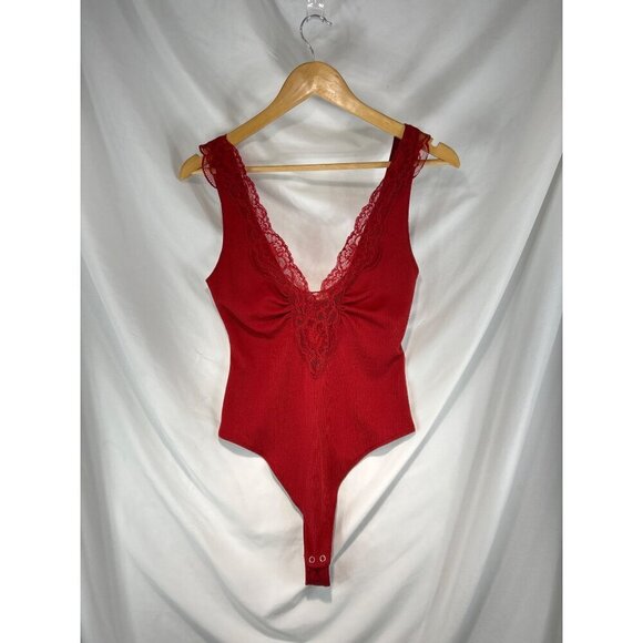 Free People Women's Red One-Piece Bodysuit Lace Ruffle Wide Strap Size S (G-3) - Picture 3 of 8